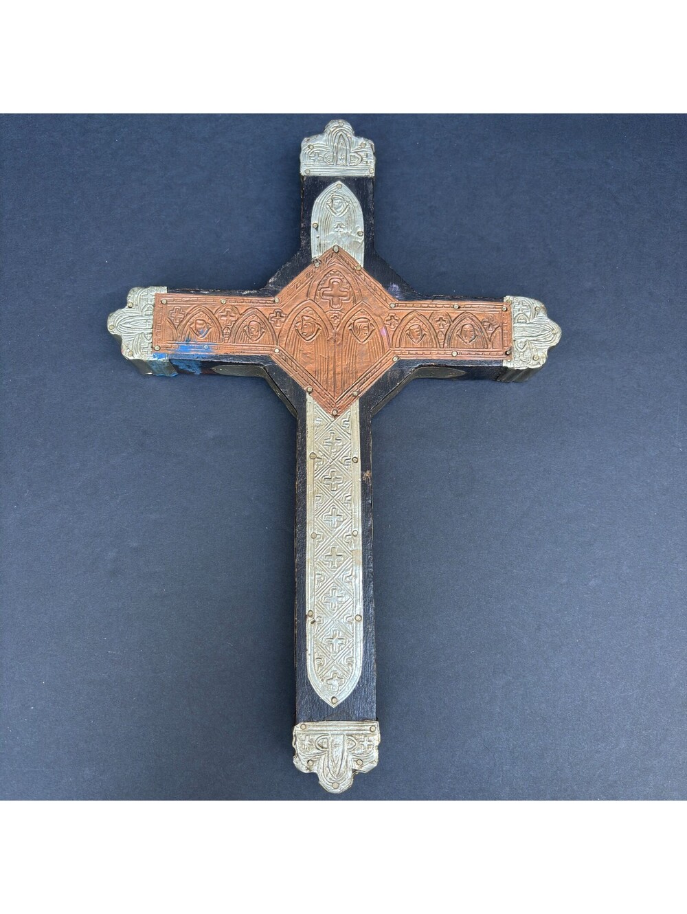 Hammered Copper Embossed Tin Wood Byzantine Cross 12.5"